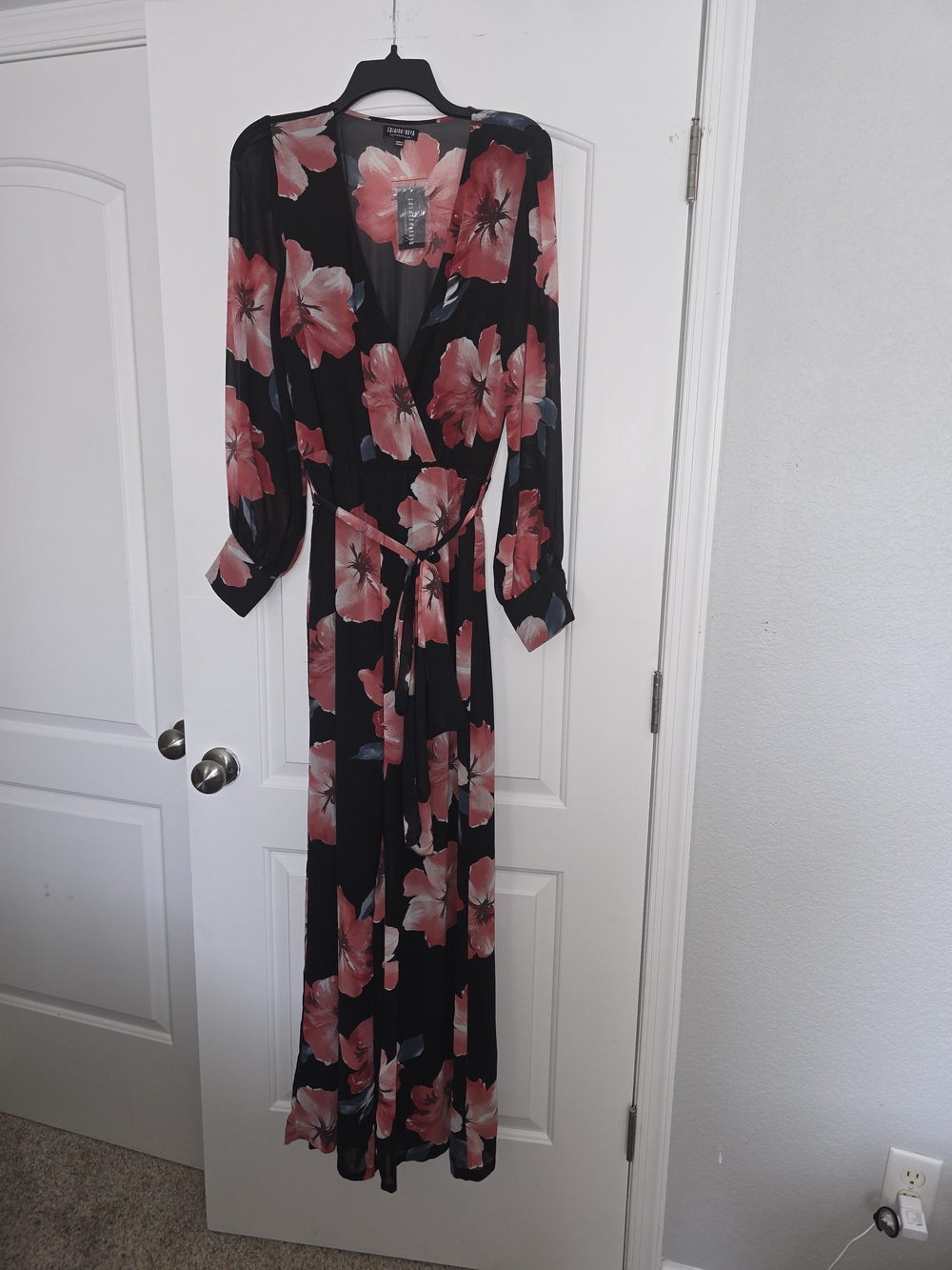 Fashion Nova Black Jumpsuit with Coral Floral Print